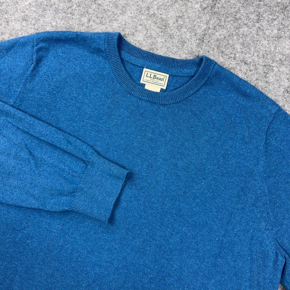 LL Bean Sweater Mens Large L Blue Cotton Cashmere Blend Crewneck Knit Pullover